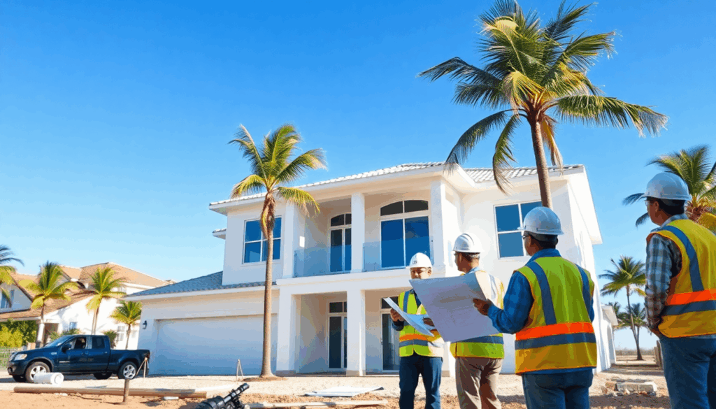 Construction workers in safety gear review blueprints at a sunny Florida site with a modern house featuring hurricane-resistant design and palm tre...