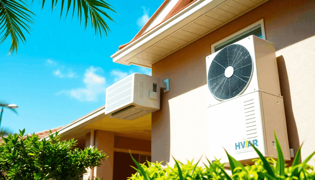 Modern energy-efficient HVAC unit on a sunny home exterior with lush greenery and clear blue skies, symbolizing technology, sustainability, and com...