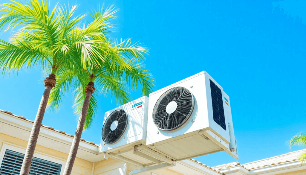 Modern air conditioning unit on a sunny home exterior with blue skies and green palm trees, representing efficient cooling in summer heat.
