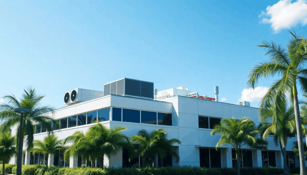 Modern commercial building with rooftop HVAC units and plumbing, surrounded by greenery under a clear blue sky, representing energy efficiency and ...