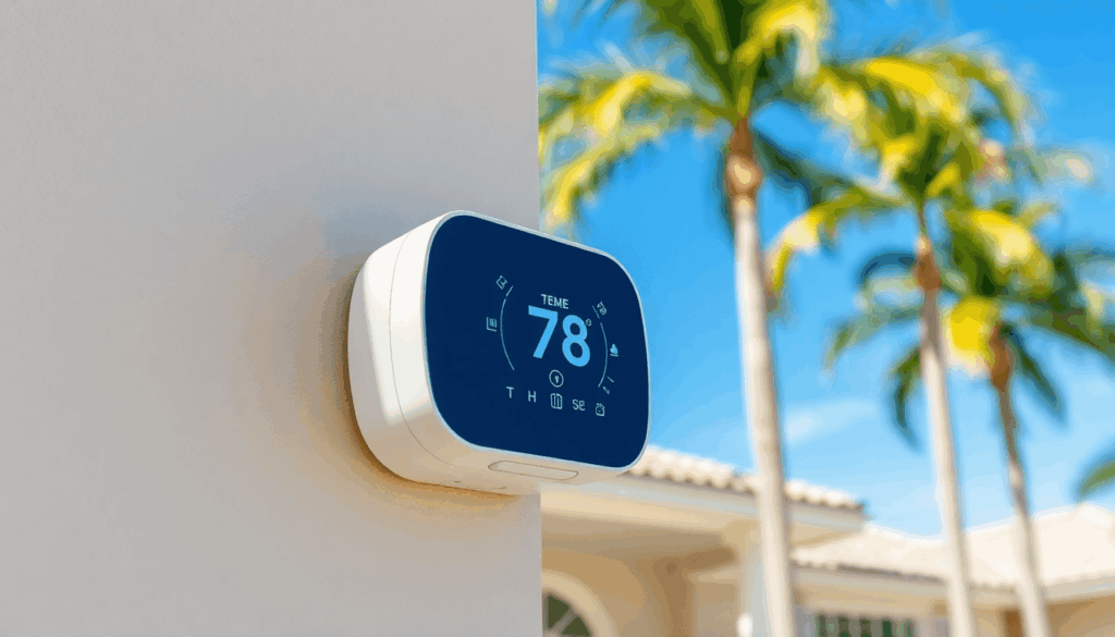 Modern smart thermostat on wall showing temperature and humidity, with sunny Florida home, palm trees, and clear blue sky in the background.
