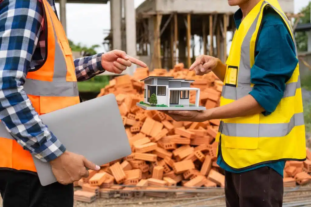 A Male Architect In A Hard Hat Safety Vest Reviews Construction Documents Construction Contractor - Inlet Mechanical