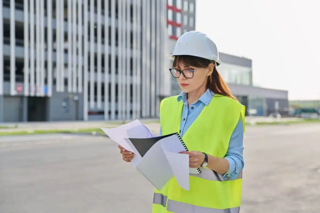 Industrial Worker Female Builder With Working Documents Outdoor Construction - Inlet Mechanical