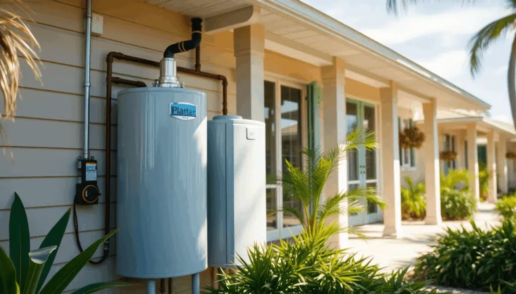 Exterior of a coastal Florida home with a visible water heater unit, showcasing maintenance and corrosion protection in a warm, sunny, humid enviro...