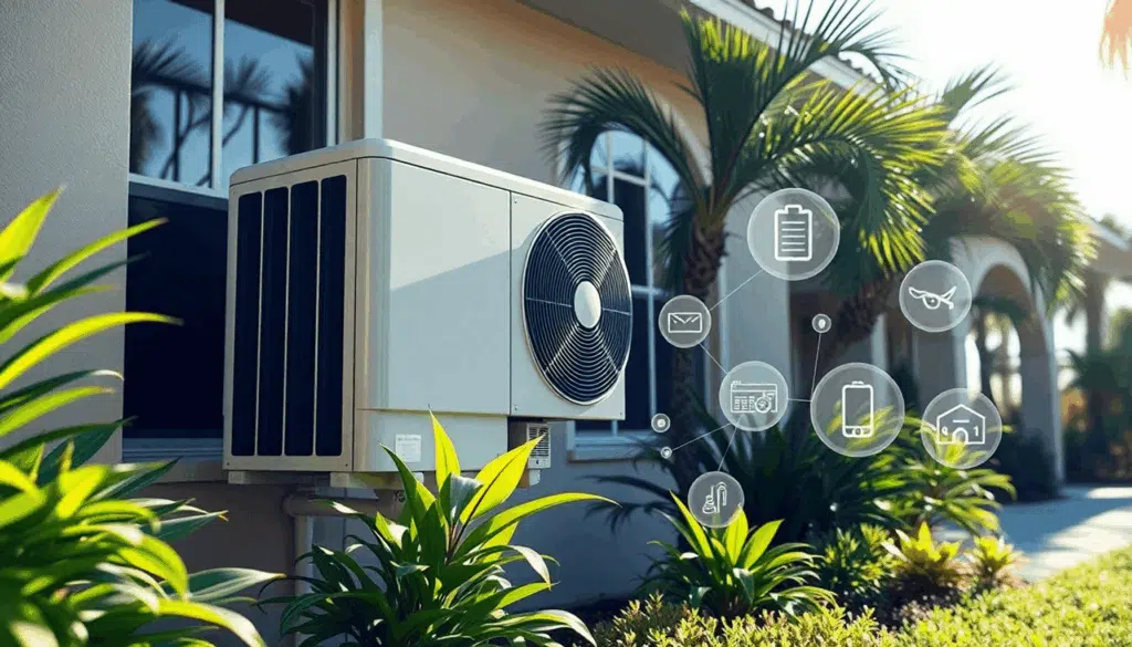 Modern HVAC unit on a Florida home exterior, surrounded by tropical plants and sunlight, with icons for energy efficiency and smart technology nearby.