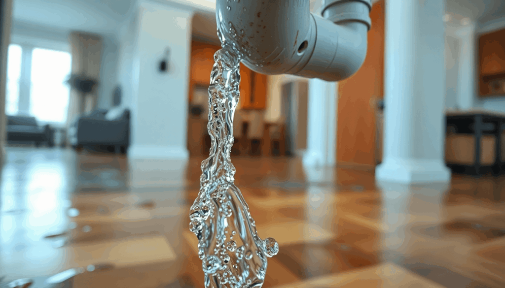 Close-up of a burst pipe spraying water, causing damage to wooden floors and walls in a modern home interior.