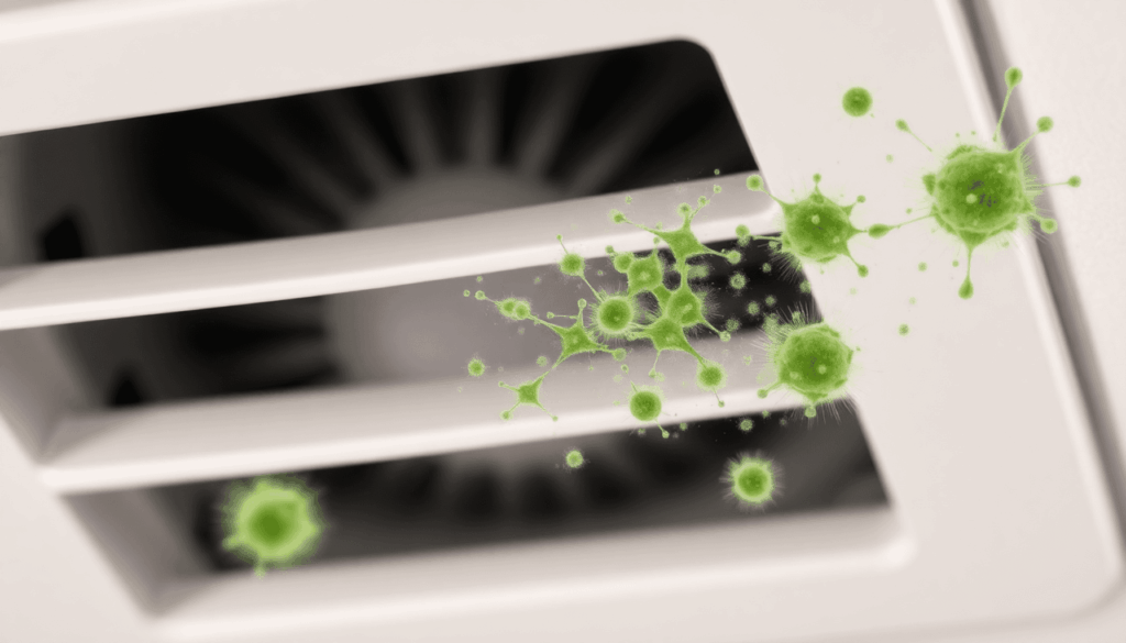 Close-up of a clean HVAC vent with visible airflow and fading green mold spores, symbolizing mold prevention and clean indoor air in a modern home.