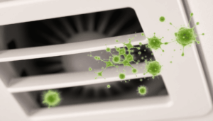 Close-up of a clean HVAC vent with visible airflow and fading green mold spores, symbolizing mold prevention and clean indoor air in a modern home.