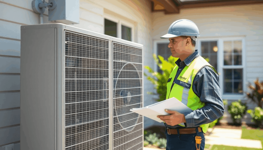 HVAC technician inspecting a residential air conditioning unit outdoors on a sunny day, holding tools and clipboard, with greenery and a clean home...