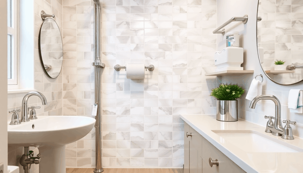 Modern bathroom and kitchen with shiny faucets, pipes, and water-efficient appliances showcasing home improvement.