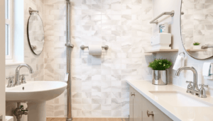 Modern bathroom and kitchen with shiny faucets, pipes, and water-efficient appliances showcasing home improvement.