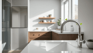 Modern bathroom and kitchen with sleek low-flow fixtures, water-saving icons, and green leaves symbolizing sustainability in a bright, new home.