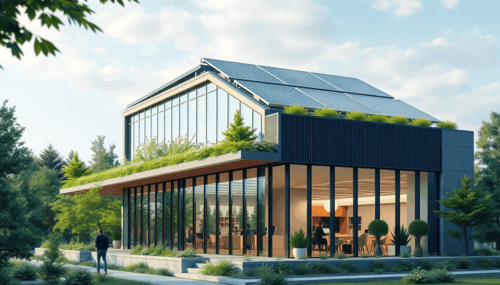 Modern commercial building with solar panels, greenery, smart tech icons, and flexible workspaces visible through large windows, highlighting susta...