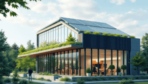 Modern commercial building with solar panels, greenery, smart tech icons, and flexible workspaces visible through large windows, highlighting susta...