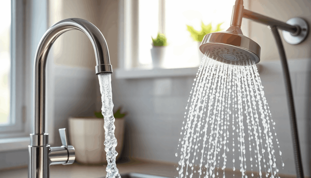 Modern kitchen faucet and bathroom showerhead with strong water streams in a bright, clean home setting.