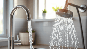 Modern kitchen faucet and bathroom showerhead with strong water streams in a bright, clean home setting.