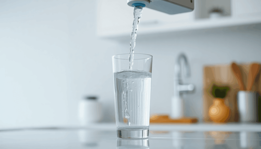 A clear glass of water being poured from a modern filtration system in a bright kitchen with water droplets and plumbing elements in the background.