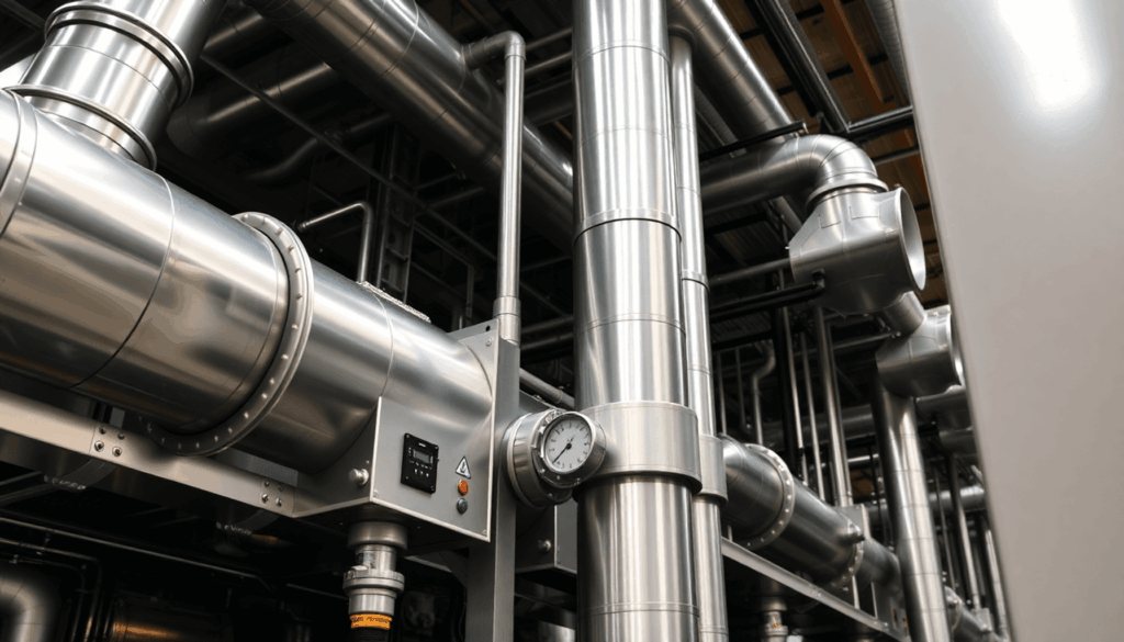 Close-up of clean, well-maintained industrial HVAC ducts and machinery with gauges and control panels in a large manufacturing facility.