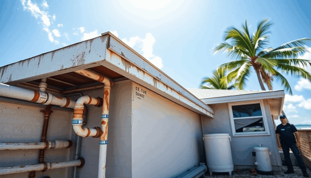 Coastal Florida home exterior near ocean with visible plumbing pipes showing salt air corrosion, under sunny sky and palm trees in the background.