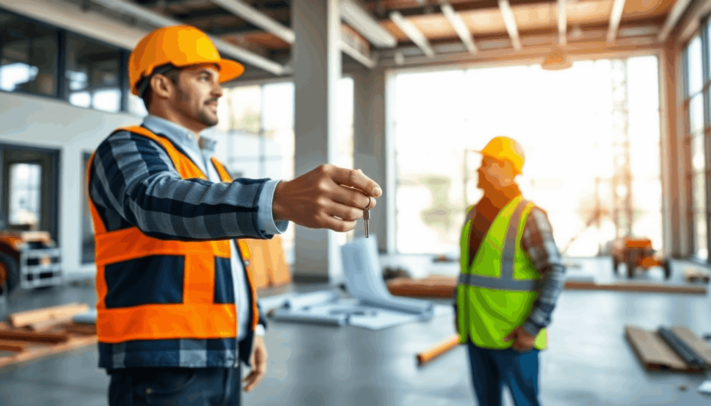 Contractor handing keys to new owner at modern construction site with architectural plans and equipment in the background, symbolizing project comp...