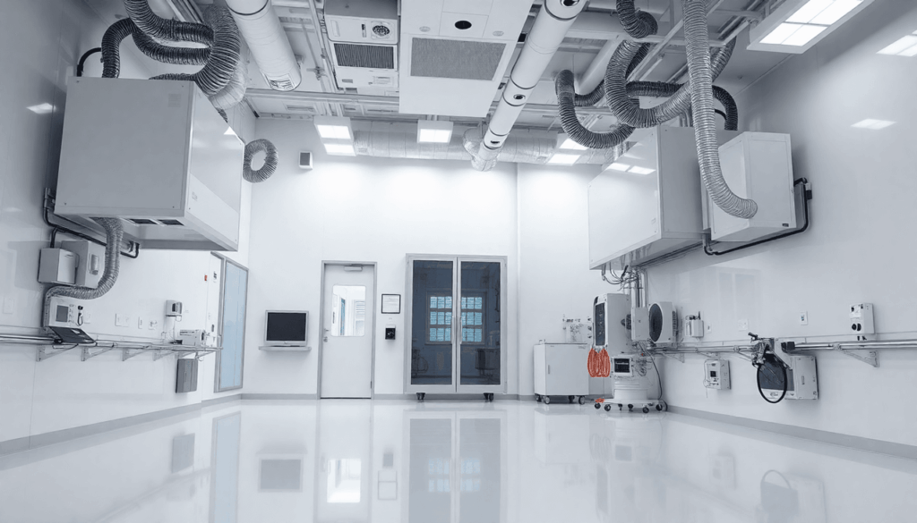 Interior of a modern cleanroom with advanced HVAC systems, bright lighting, and spotless surfaces highlighting a sterile, high-tech environment.