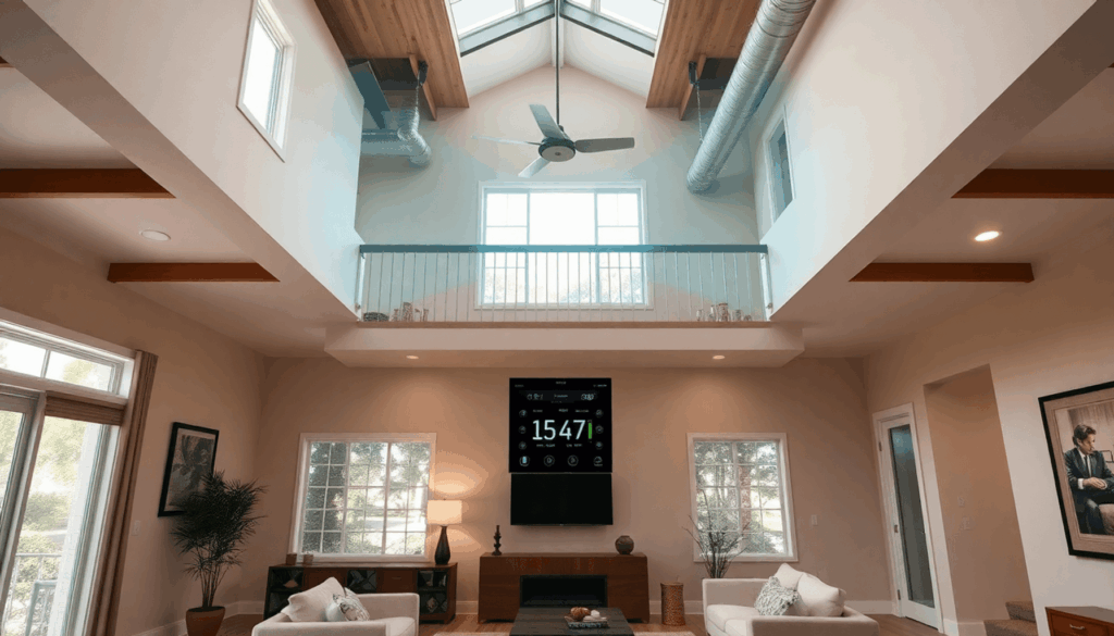 Interior of a modern two-story Florida home showing temperature zones, smart HVAC control panel, and ductwork dampers for energy-efficient climate ...