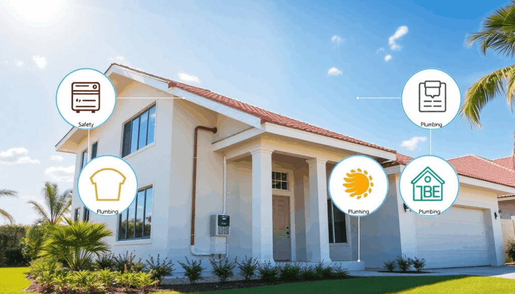 Modern Florida home showing HVAC and plumbing, surrounded by icons for safety, energy efficiency, and building codes under a bright sunny sky.