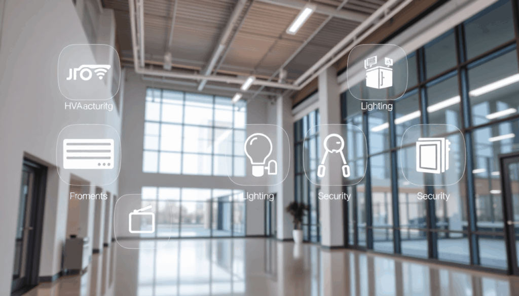 Modern commercial building with smart automation icons for HVAC, lighting, and security in an energy-efficient, clean environment.