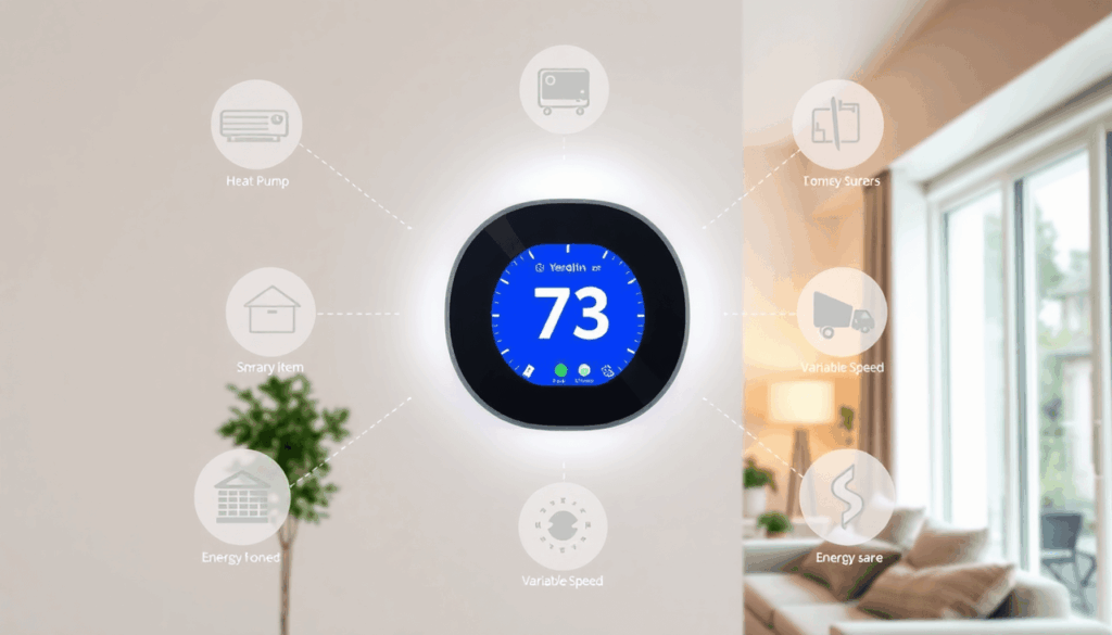 Modern home interior with a glowing smart thermostat and HVAC technology icons highlighting energy efficiency and smart home integration.