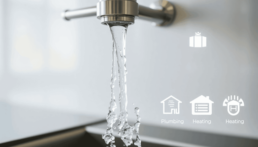 Modern home sink with clear pipes, flowing water, and icons for heating and HVAC systems, highlighting plumbing and heating maintenance.