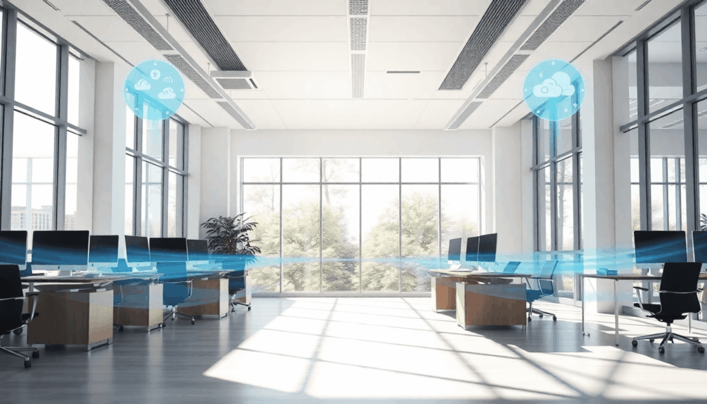Modern office with bright natural light, clean air vents, and airflow symbols showing fresh air circulation for a healthy workspace.