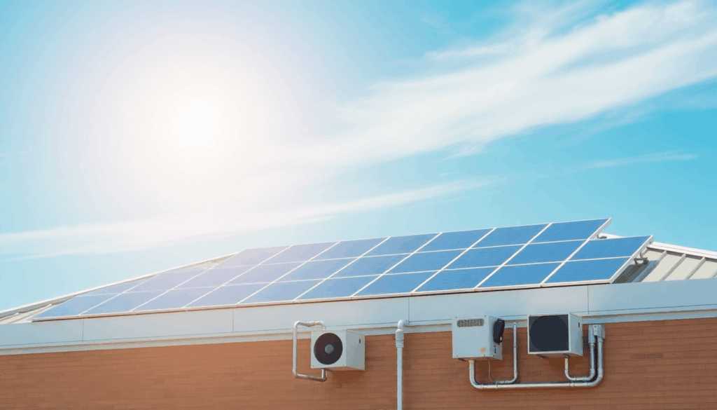 Rooftop of a modern commercial building with sleek solar panels and HVAC units under a bright sunny sky, highlighting clean energy and sustainable ...