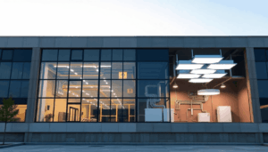 Split view of a commercial building showing old HVAC and lighting systems on one side, and modern LED lighting with advanced HVAC on the other.