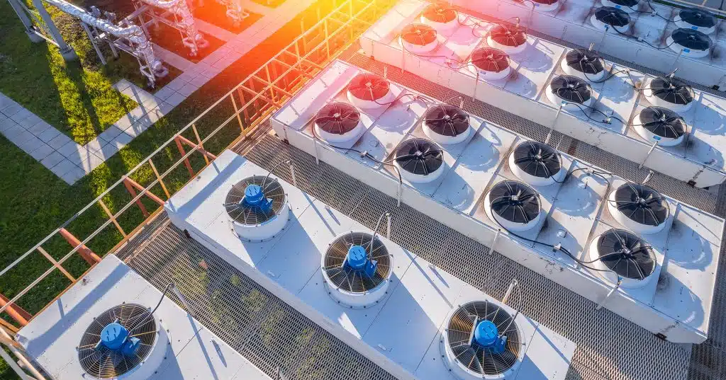 Industry equipment Air conditioning of plant, drone aerial top view of roof.