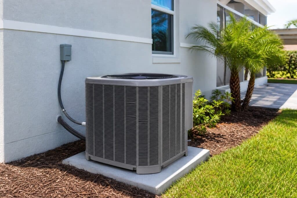 Central air conditioner condenser installed outside a Palm Bay home