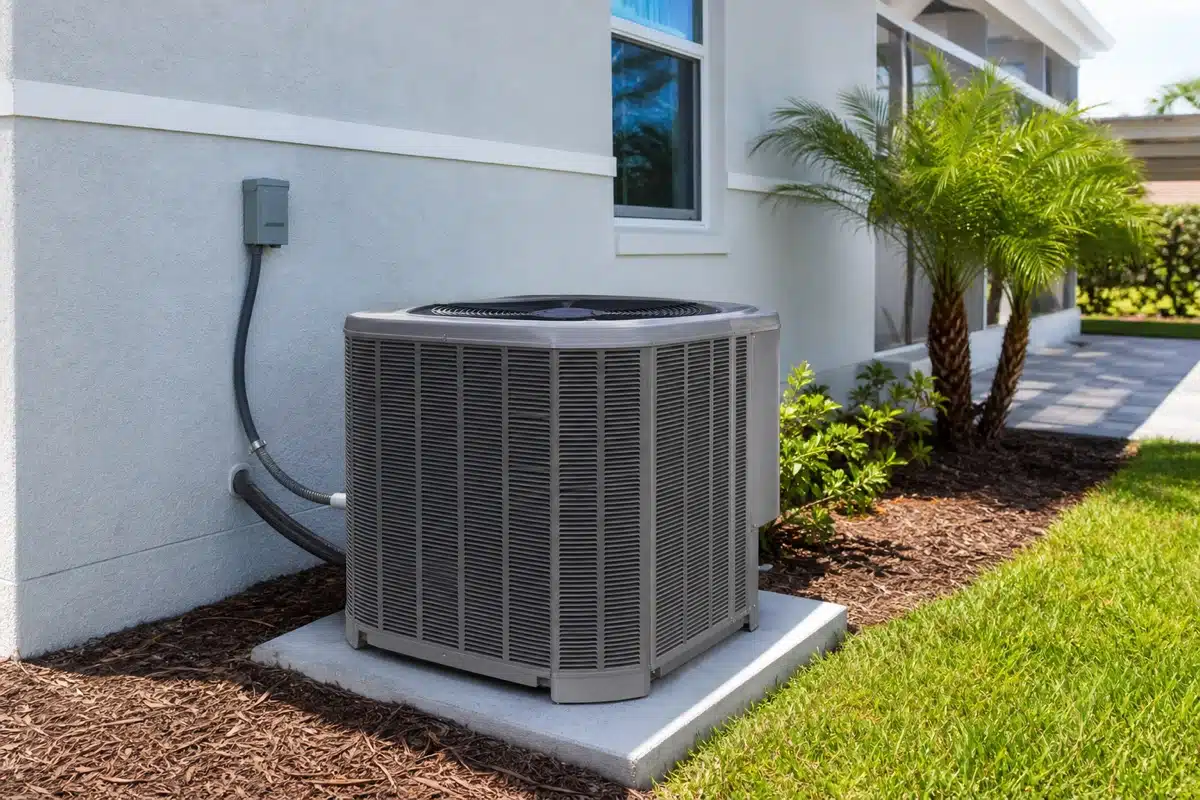 Central air conditioning condenser installed outside a Palm Bay home