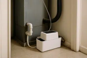 A white HVAC condensate pump installed beside an air handler in a Florida closet with a thin discharge tube