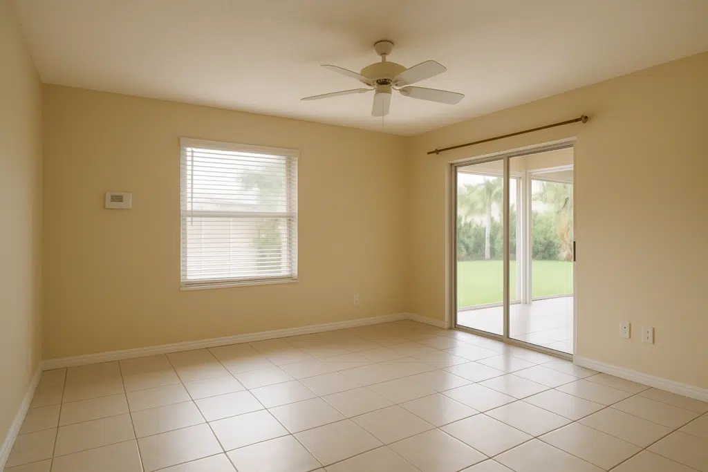 A tidy empty Florida living room with a wall thermostat visible, soft natural