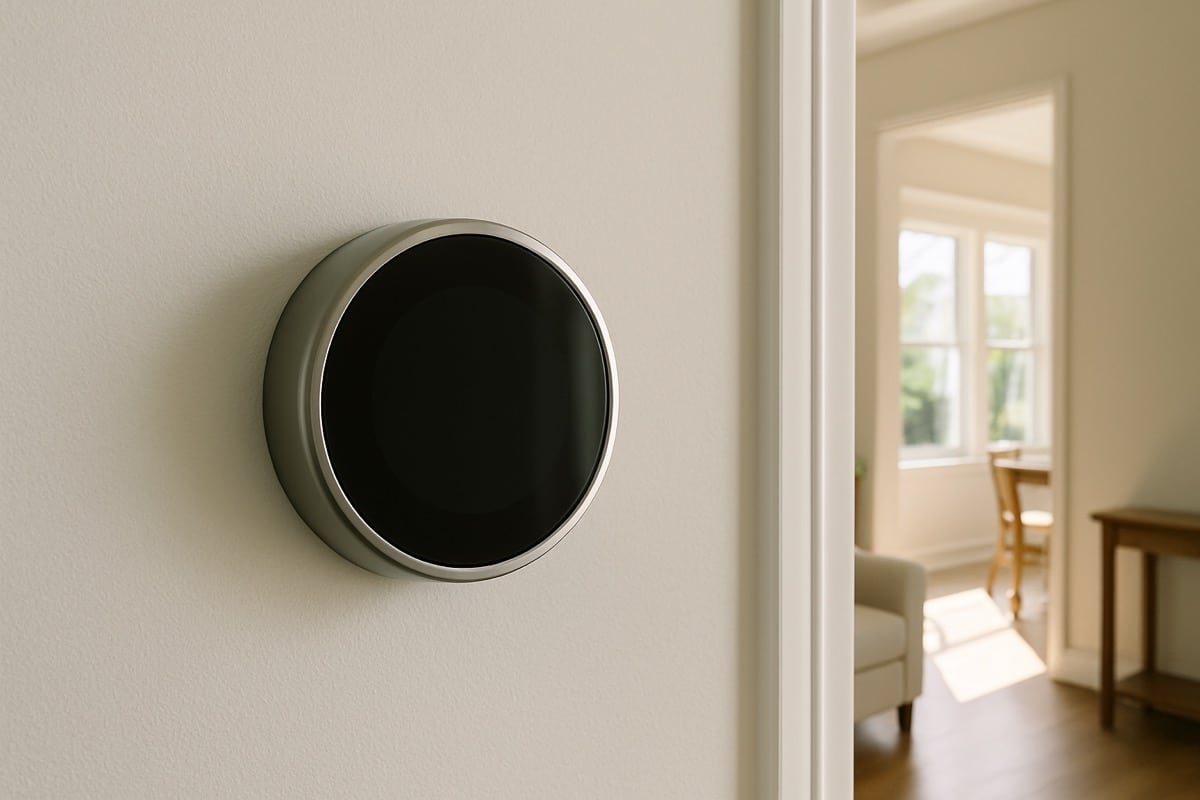 Smart thermostat displaying a 78 degree cooling setpoint on a living room wall
