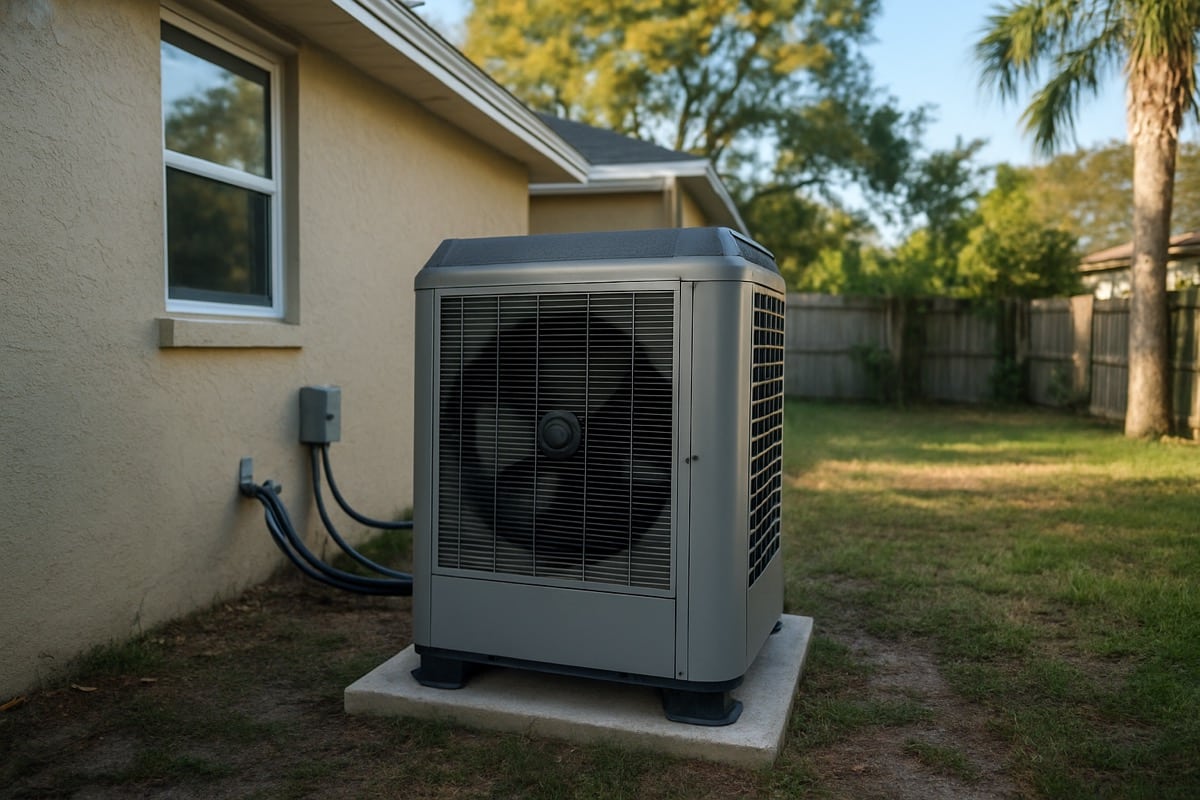 Outdoor heat pump unit beside a Florida home in cool morning light