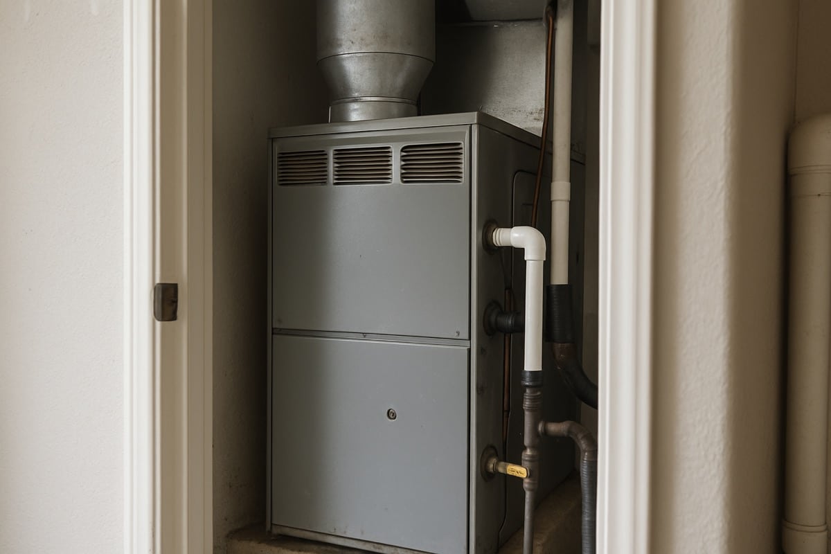 Gas furnace unit installed in a home utility closet