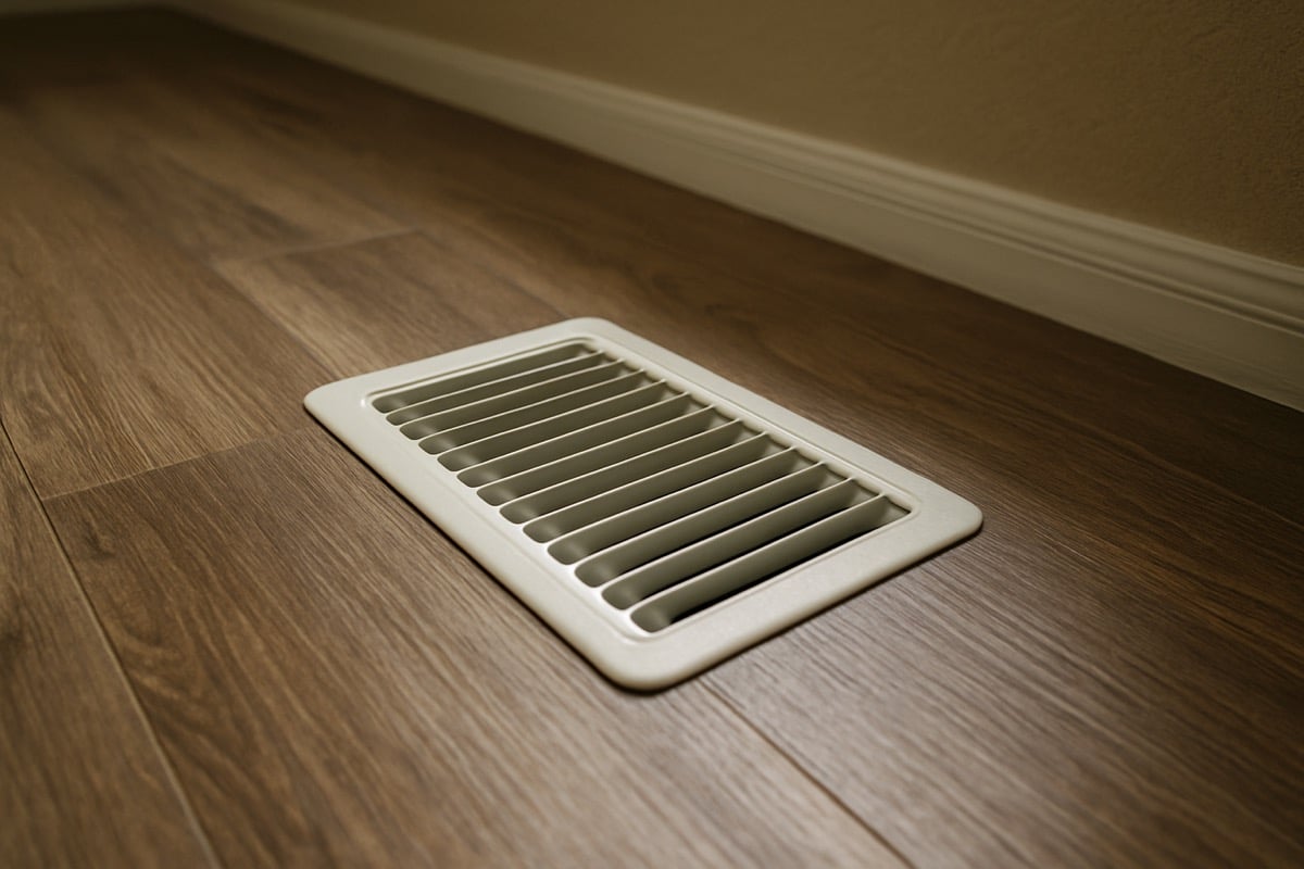 Closed floor supply vent register in a residential room with the louvers shut