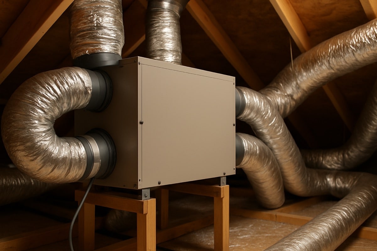 Whole-home energy recovery ventilator unit mounted in an attic with duct connections