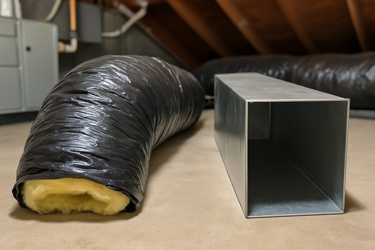 Comparison of insulated flexible duct beside a rectangular sheet metal rigid duct