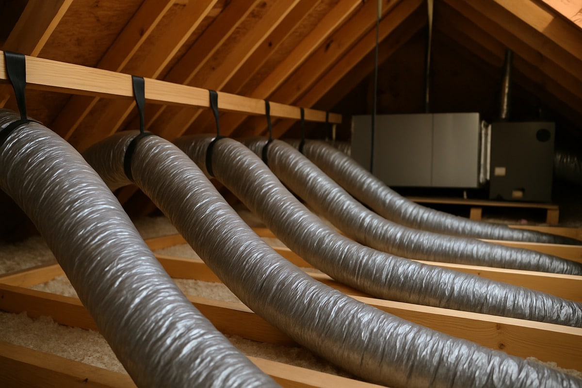 Properly supported flexible duct runs spaced evenly across attic joists