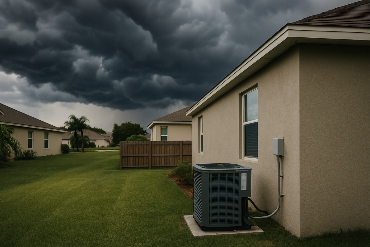 Dark storm clouds building over a residential neighborhood on a humid summer afternoon