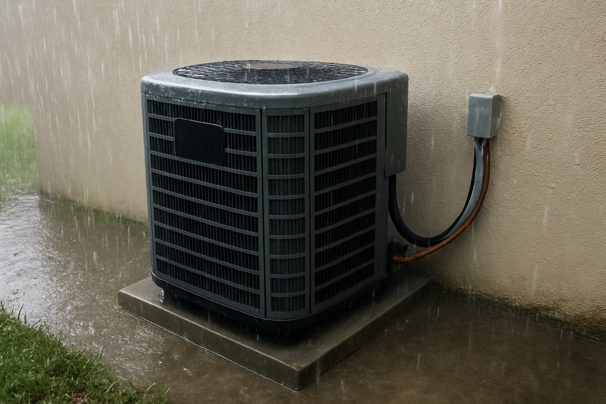 Condensate drain line and pan under an air handler with visible water flow