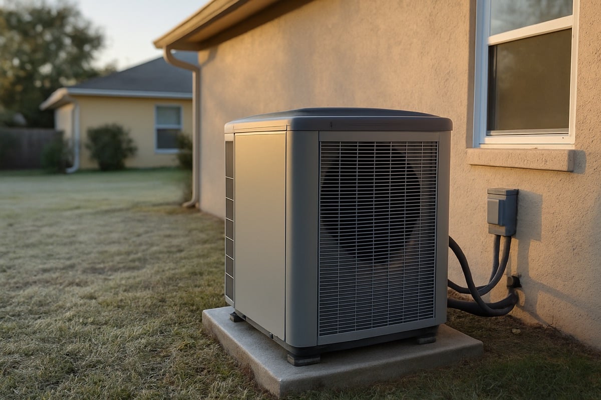 Outdoor heat pump unit beside a Florida home on a cool winter morning