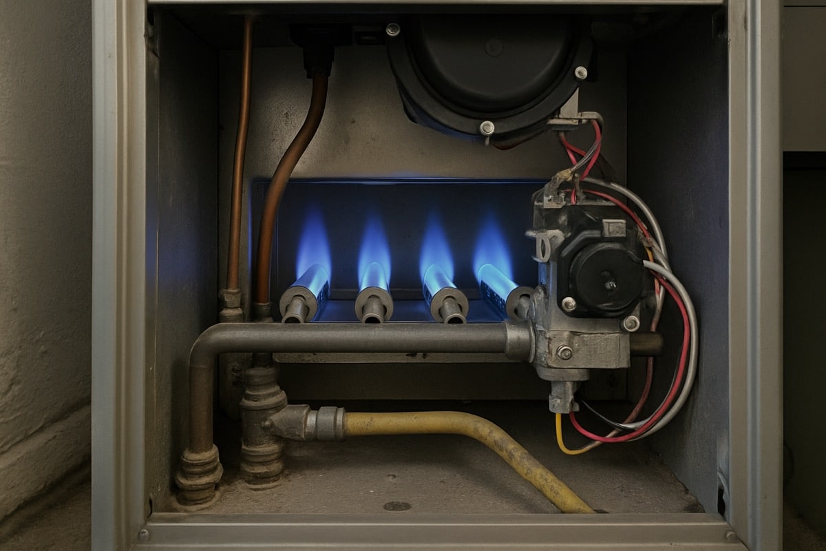 Technician inspecting a residential gas furnace heat exchanger and burners
