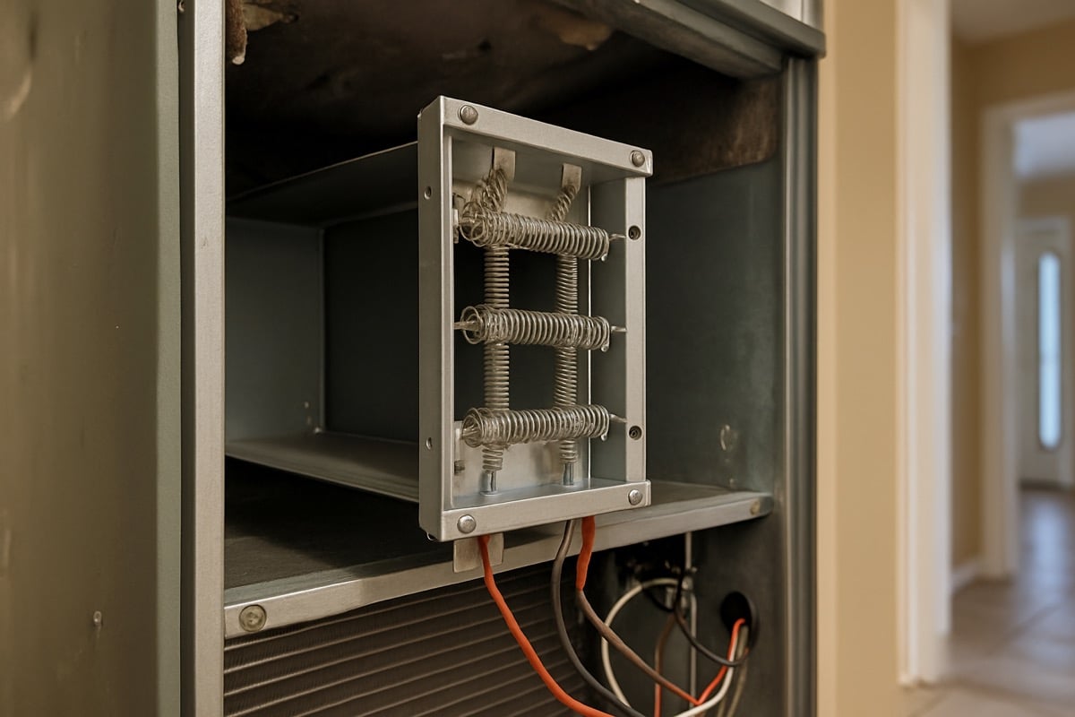 Electric heat strip elements visible inside an open air handler cabinet
